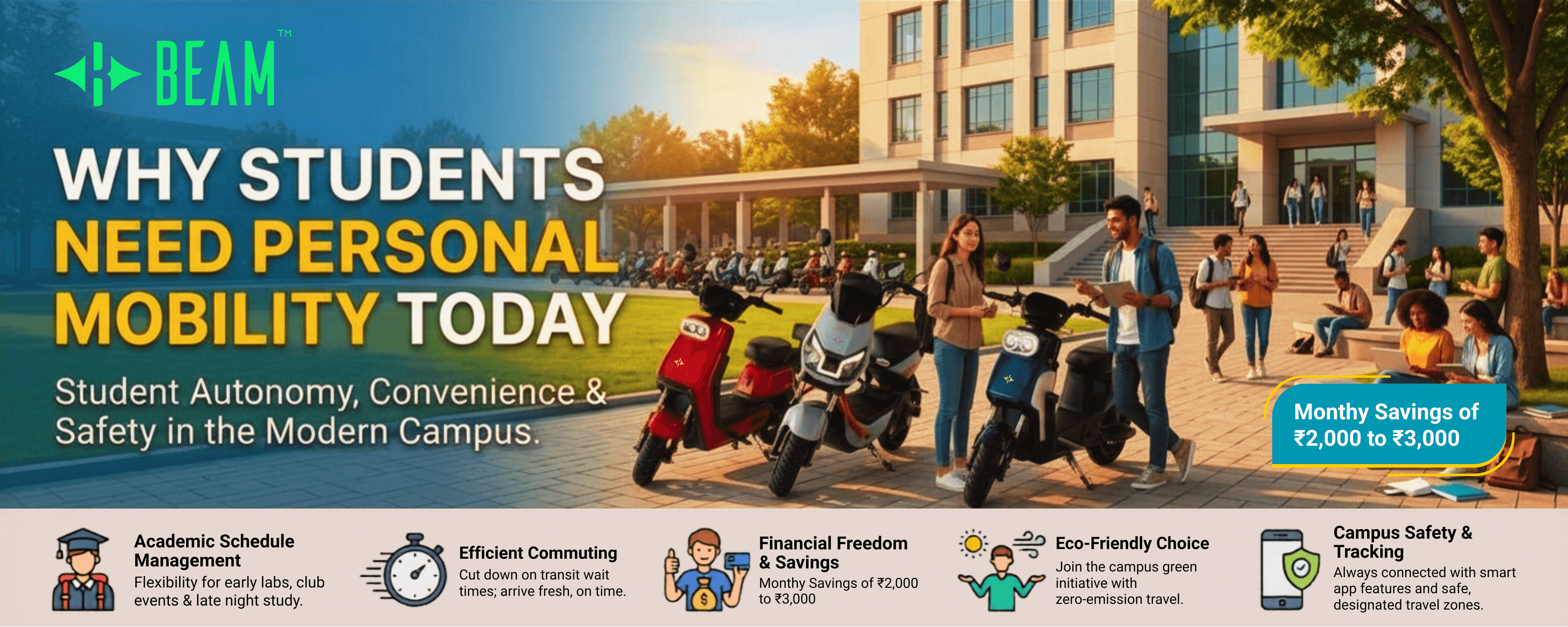 Why Students Need Personal Mobility Today and Why BEAM Low Speed EV Scooters Are the Right Choice